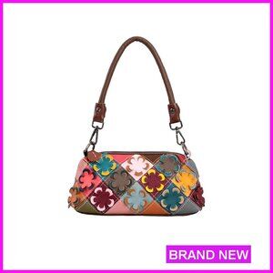 Genuine Leather Crossbody Bag Detachable Strap 3D Floral Patchwork Chic